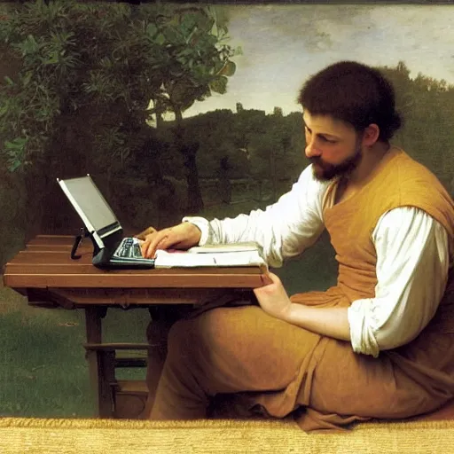 Prompt: an oil painting of an man playing a laptop, 1576 , by Bouguereau, highly detailed and intricate,