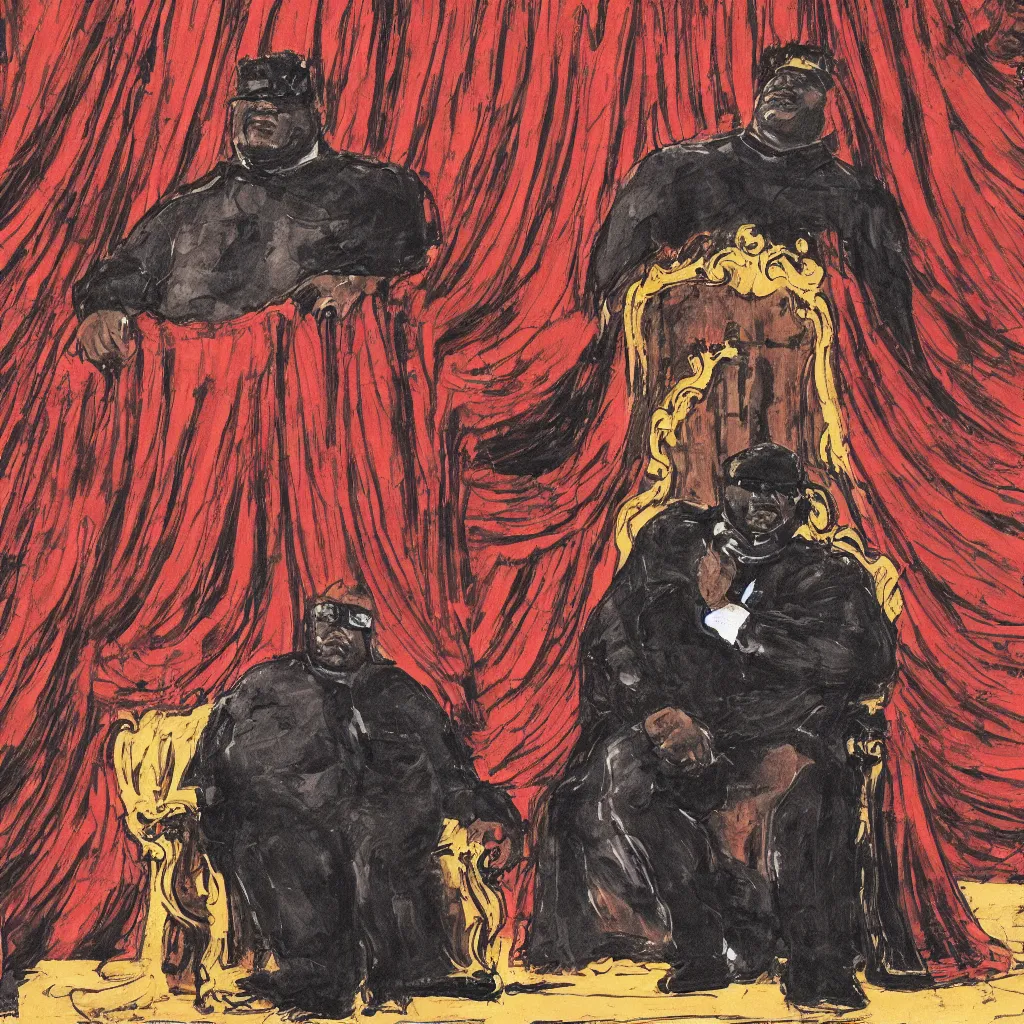 Image similar to style of frank miller, portrait of big black man sitting on throne, background made of big curtains