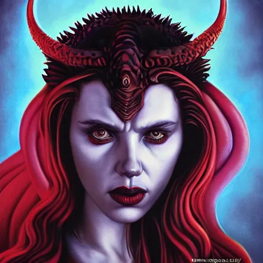 Image similar to ghotic demonic female demon satan hell portrait of scarlett johansson as queen of hell and queen of dragons, fire and flame, big long hell serpent dragon, octopus, Pixar style, by Tristan Eaton Stanley Artgerm and Tom Bagshaw.