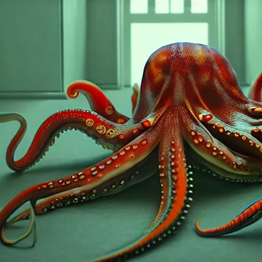 Prompt: hyperrealism photography in araki nobuyoshi dramatic scene from movie the big lebowski style computer simulation visualisation of detailed octopus riding eating human octopus in the detailed ukrainian village