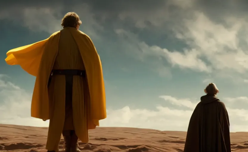Prompt: cinematic still image screenshot portrait of luke skywalker wearing a yellow cape talking to maz kanata, ending from force awakens crisp 4 k imax, moody iconic scene