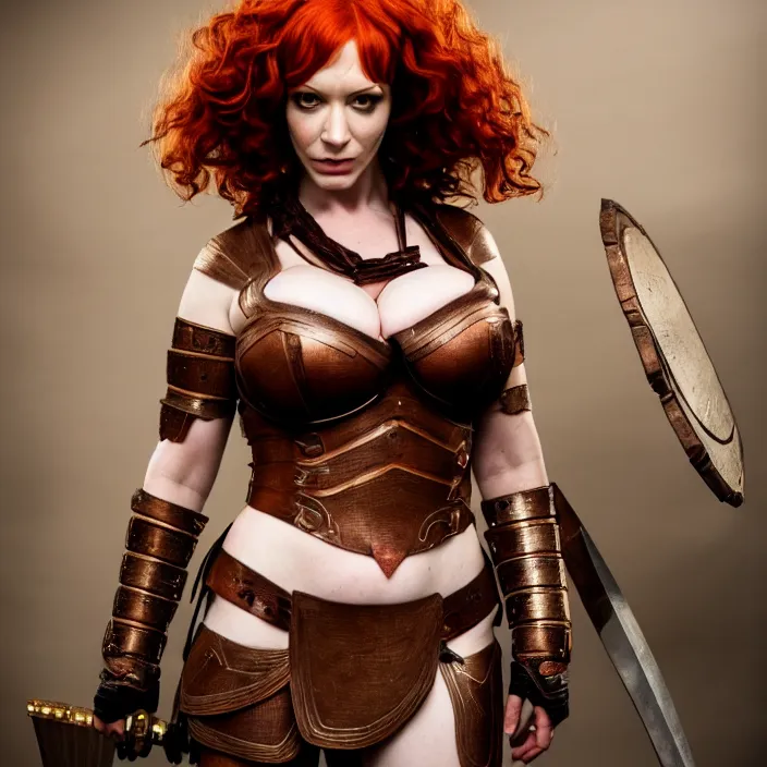 Image similar to full length photograph of a real-life christina hendricks as an amazon warrior, Extremely detailed. 8k