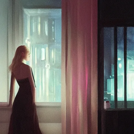 Prompt: Elle Fanning at night in the world of John Sargent, stormy weather, extremely detailed masterpiece, oil on canvas, low-key neon lighting, artstation, Blade Runner 2049, Roger Deakin’s cinematography, by J. C. John Sargent and Edward Hopper,