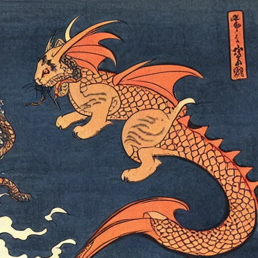 Image similar to a beautiful cat with dragon wings, illustration by hokusai