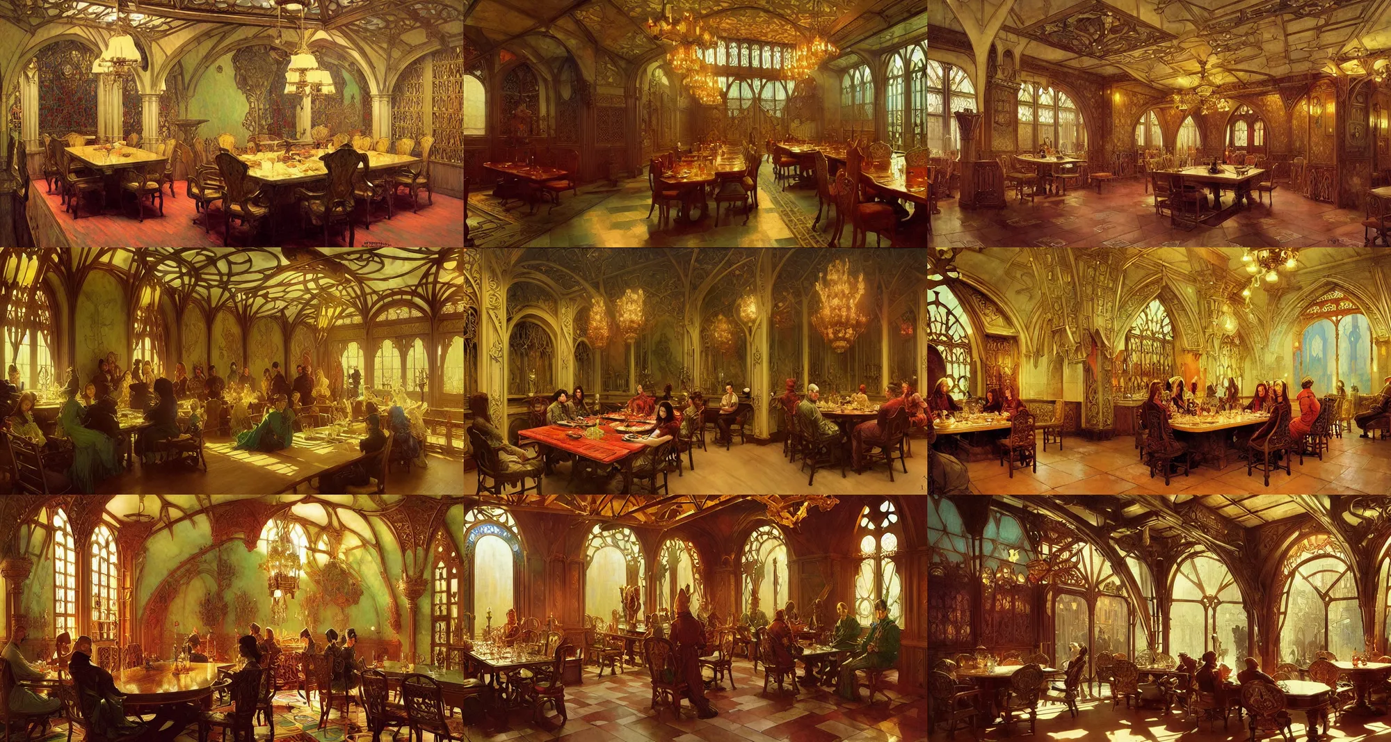 Prompt: royal medieval dining room, art nouveau architecture, fantasy, art by joseph leyendecker, ivan aivazovsky, ruan jia, reza afshar, marc simonetti, alphonse mucha