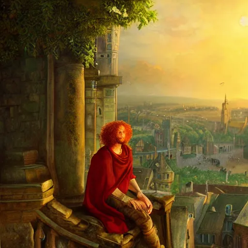 Prompt: a rugged man with curly red hair wearing a green cloak playing a lute sitting on a roof top, medieval setting, entire city visible, zoomed out, night, atmospheric lighting, painted, intricate, volumetric lighting, beautiful, rich deep colours masterpiece, golden hour, oil painting