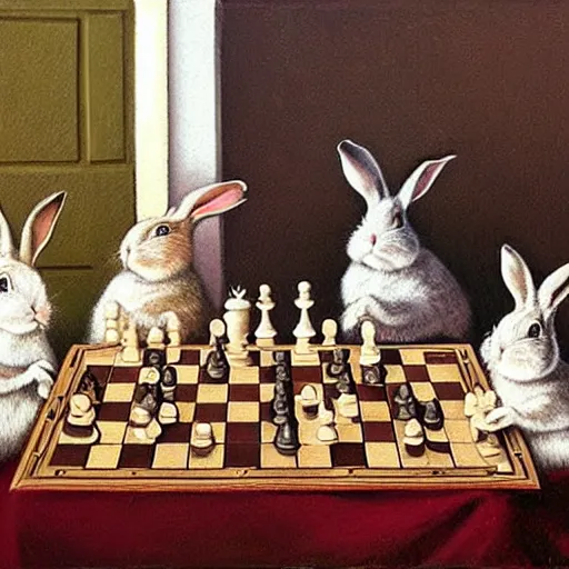 Image similar to rabbits drinking wine and playing chess. Painting of rabbits in sweaters by James Gurney.