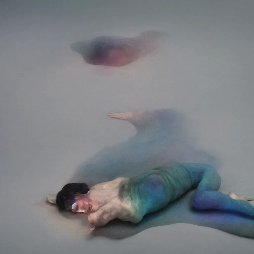 Image similar to cinestill of iridiscent oil with corpses connected by ethernet cables to wax technical forms to a buried baby relaxing on yoga mat, faded, iridiscent gradient, fog, depth of field, blur, very detailed, by nadav kander and hans bellmer, 8 k, ultrarealistic, sad atmosphere, cinematic, 8 5 mm lens