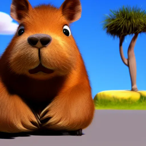 Image similar to disney pixar style capybara, 3D animation, 4k render