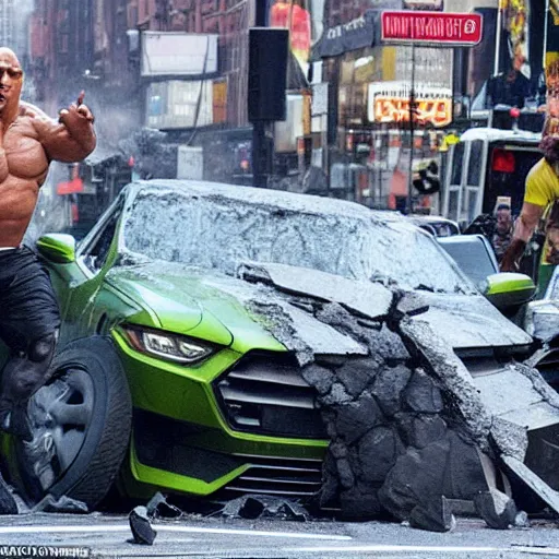 Image similar to breaking news, Dwayne the rock Johnson has become the Incredible Hulk and is bringing destruction to New York City as he smashes pavement and flips cars