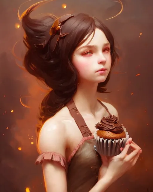 Prompt: a ( ( girl as personification of chocolate cupcake ) ), beauty, fantasy bakery, digital painting by greg rutkowski, artgerm, krenz cushart, laurie greasly, wlop, intricate, highly detailed!!, sharp focus, smooth, epic composition, joyful, unreal engine, masterpiece, 8 k