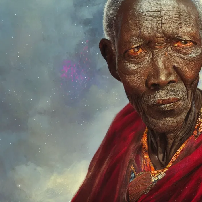 Image similar to a painting of a wise elder from Kenya. dramatic angle, ethereal lights, details, smooth, sharp focus, illustration, realistic, cinematic, artstation, award winning, rgb , unreal engine, octane render, cinematic light, macro, depth of field, blur, red light and clouds from the back, highly detailed epic cinematic concept art CG render made in Maya, Blender and Photoshop, octane render, excellent composition, dynamic dramatic cinematic lighting, aesthetic, very inspirational, arthouse.