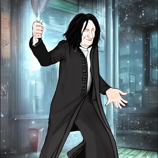 Image similar to Severus Snape dancing in a bar, cyberpunk, full body, realistic, digital art