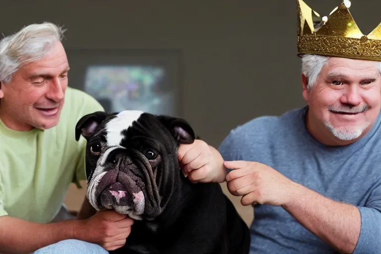 Image similar to a graying middle aged homless man playing xbox and petting an english bulldog wearing a crown, dog wearing a crown