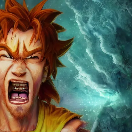 Image similar to shaggy from scooby doo going super sayain, au naturel, hyper detailed, digital art, trending in artstation, cinematic lighting, studio quality, smooth render, unreal engine 5 rendered, octane rendered, art style by klimt and nixeu and ian sprigger and wlop and krenz cushart