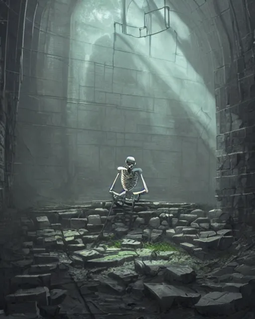 Prompt: a skeleton sitting in an old corner chained up an old abandoned dungeon, very little moss, sunbeams streaming in through an unseen window, ancient. Atmospheric lighting, By Makoto Shinkai, Stanley Artgerm Lau, WLOP, Rossdraws, James Jean, Andrei Riabovitchev, Marc Simonetti, krenz cushart, Sakimichan, D&D trending on ArtStation, digital art.