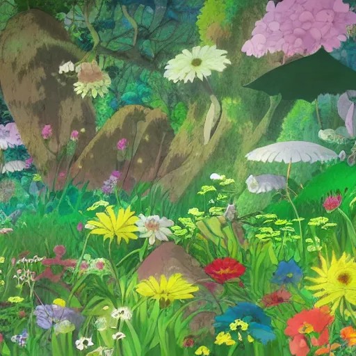 Prompt: flower forest background made by studio ghibli, beautiful scene, creatures