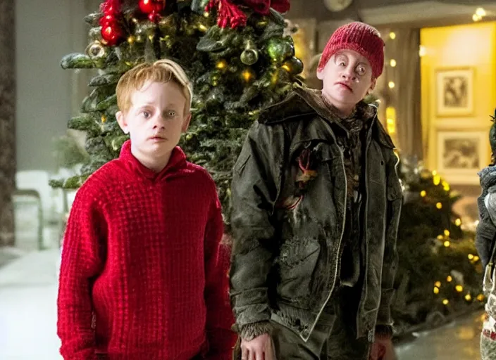 Image similar to the movie the predator starring macaulay culkin kevin mcallister home alone living room christmas vfx film