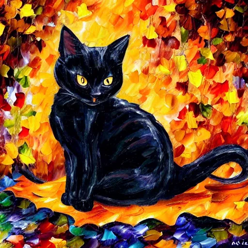 Prompt: black cat sitting on! dream halloween pumpkins in a pile of autumn leaves detailed painting in the style of leonid afremov 4 k