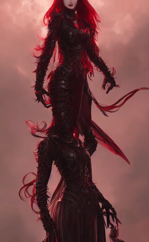 Prompt: Gothic princess in dark and red dragon armor, artstation trending, cinematic, highly detailded