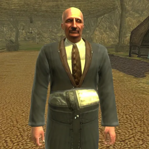 Image similar to Alexander Lukashenko wearing a suit and tie in Balmora in Elder Scrolls III: Morrowind, outdated 2002 Morrowind graphics, low definition, lowpoly