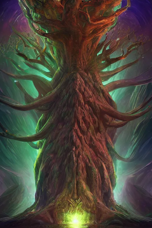 Prompt: yggdrasil as an enormous sentient deity of the stars made of exotic matter resides inside null space, a dnd illustration of an esoteric concept by cgsociety and james gurney, artstation, hdr, rtx, iridescent