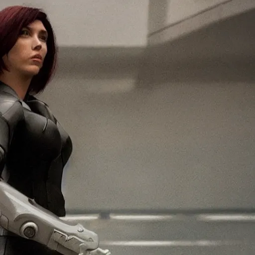 Image similar to a beautiful medium - shot still of scarlett johansson as the major motoko kusanagi from ghost in the shell, cyberpunk style, looking off into the distance, motoko kusanagi hair style, black hairs, ultra realistic, soft, blue hour, soft neons light from night city falling on her face. focus on her eyes and brows. by annie leibowitz