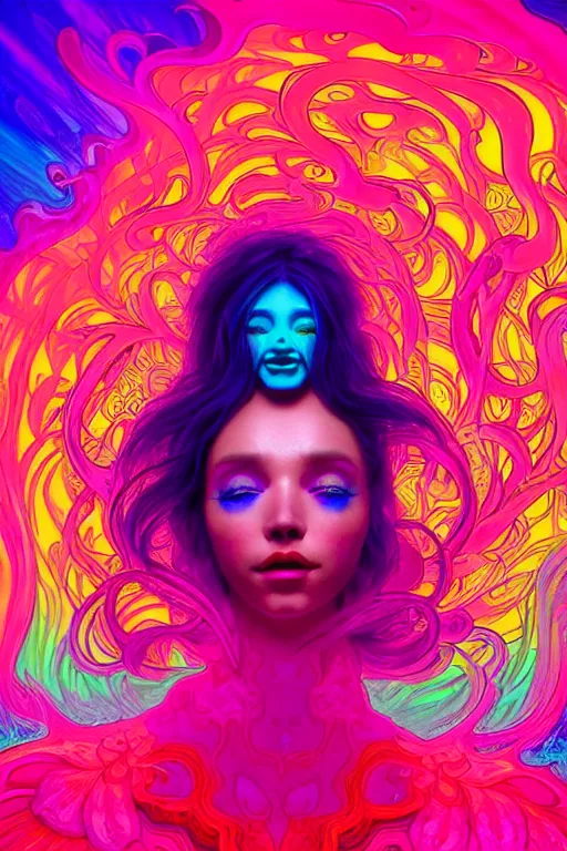 Image similar to a beautiful woman engulfed in colorful liquid smoke and neon clouds, a colorful psychedelic experience, dmt, lsd, highly detailed, artstation, concept art, smooth, sharp focus, illustration, digital art by hana yata, and artem demura and beeple, alphonse mucha, chromostereopsis, octane render, unreal engine, 8 k