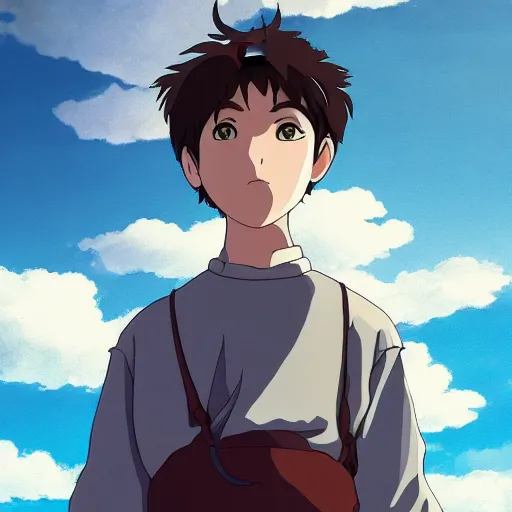 Prompt: Boy with neutral face, detailed face dramatic clouds, made by Studio Ghibli, back light, highly detailed art, beautiful scene, sharp focus, smooth, 8k