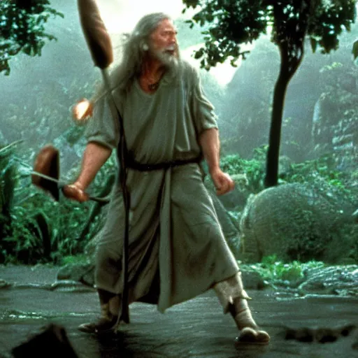 Prompt: gandalf in jurassic park ( 1 9 9 3 )