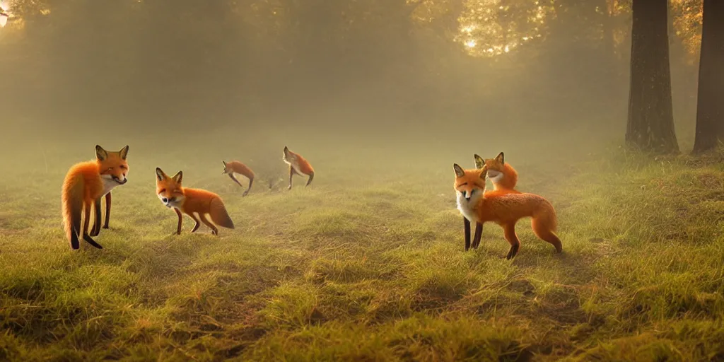 Prompt: family of foxes nearIdyllic pond, meadow, forest trail, blanket of fog, rain, volumetric lighting, beautiful, golden hour, sharp focus, ultra detailed, cgsociety