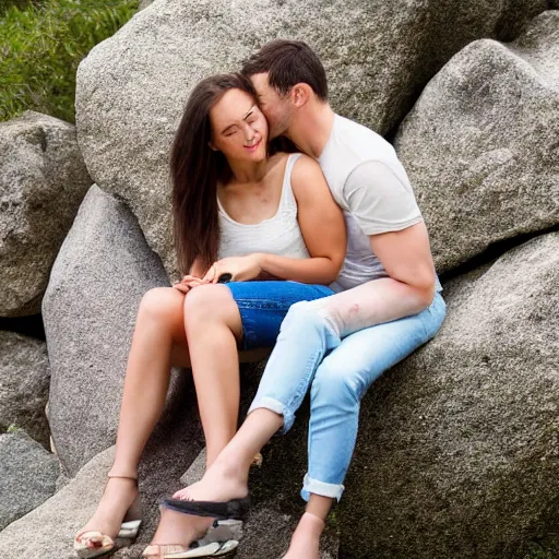 Image similar to boyfriend and girlfriend sitting together on a large square rock,