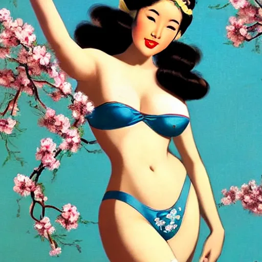 Image similar to pin - up fullbody portrait of a beautiful young asian woman, pretty long hair, intense flirting, showing curves, symmetrical face, digital art, smooth, extremely detailed, model pose, intense look, dream, cherry blossoms, gorgeous young model, traditional beauty, perfect proportions, pretty, by wu bayard, by gil elvgren, by ralph horsley,