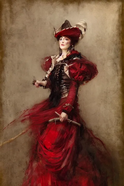 Prompt: no hands. Solomon Joseph Solomon and Richard Schmid and Jeremy Lipking victorian genre painting full length portrait painting of a young beautiful woman traditional german french actress model pirate wench in fantasy costume, red background