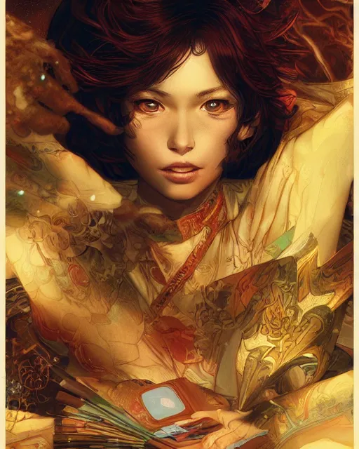 Image similar to a girl shuffling cards, midshot single subject, art poster, ambient lighting, detailed, by ayami kojima, makoto shinkai, kilian eng