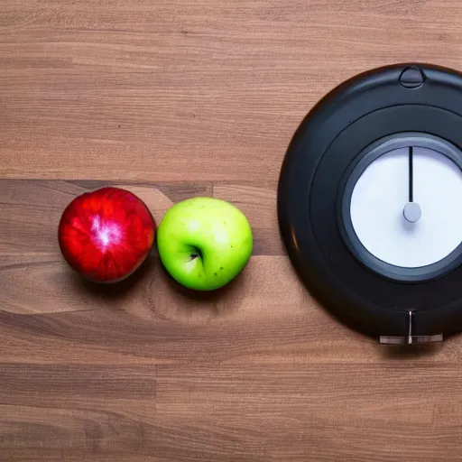 Prompt: weighing scale with one apple in one side and one onion in the other