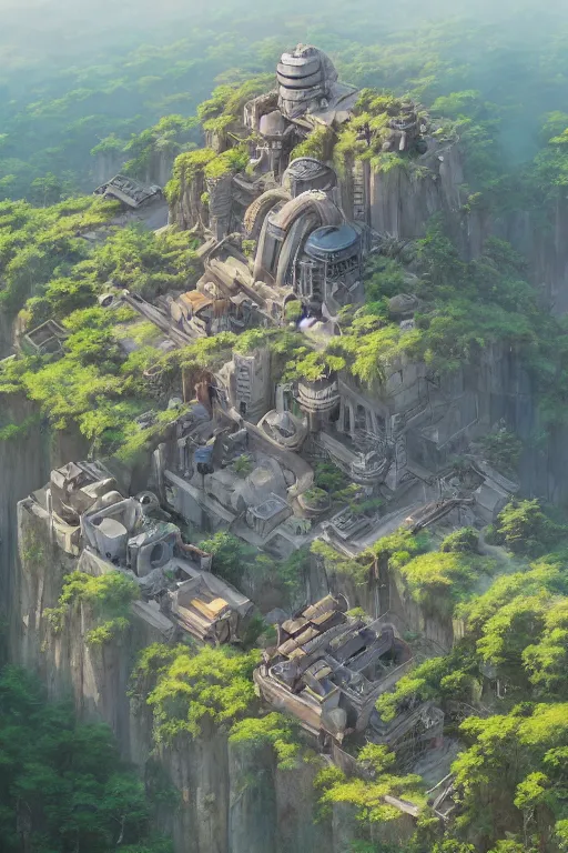 Image similar to a highly detailed matte painting of a post - apocalyptic sci - fi hillside laboratory monastery aerial view, by studio ghibli, makoto shinkai, by artgerm, by wlop, by greg rutkowski, volumetric lighting, octane render, 4 k resolution, trending on artstation, masterpiece