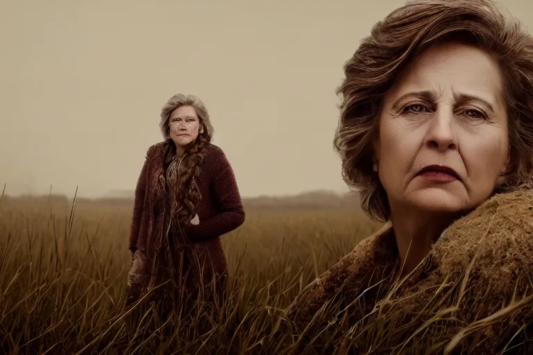 Image similar to a highly detailed cinematic headshot portrait of a frozen middle aged woman stood in a field, field on fire, ultra realistic, depth, beautiful lighting, by annie leibovitz, photorealistic, hyperrealistic, octane, masterpiece