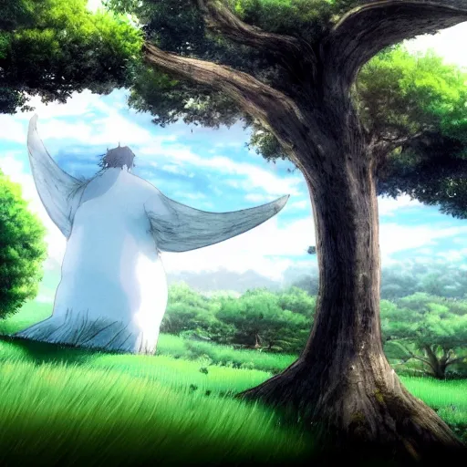 Image similar to white whale flying near giant tree in the green field, anime, HD,