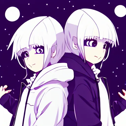 Image similar to two girls, a girl with short white hair and polar bear ears wearing an open black coat, another girl with long black hair wearinga purple hoodie with red eyes, anime key visual art, anime artystyle