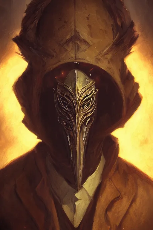 Prompt: A fancy portrait of a occultist wearing a beak mask by Greg Rutkowski, Dan Mumford, Christophe Vacher, Sung Choi, Mitchell Mohrhauser, Johnson Ting, Bloodborne, 8k photorealistic, volumetric lighting, HD, high details, dramatic, dark atmosphere, trending on artstation