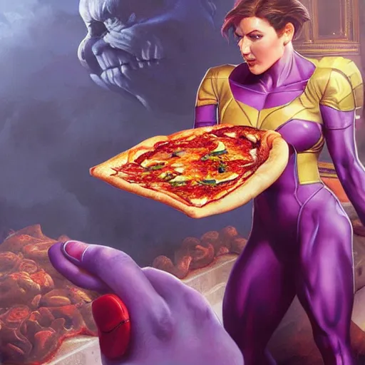 Image similar to ultra realistic illustration of the noid stealing a pizza from thanos, intricate, elegant, highly detailed, digital painting, artstation, concept art, smooth, sharp focus, illustration, art by artgerm and greg rutkowski and alphonse mucha