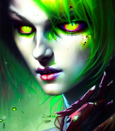 Image similar to a Demon Slayer portrait of Upper Six rank Daki , tall, pale-skinned, and slender woman with lime green eyes and long eyelashes by Stanely Artgerm,Tom Bagshaw,arthur adams,Carne Griffiths,trending on DeviantArt,street art,face enhance,chillwave,maximalist,full of color,glittering