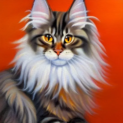Prompt: Beatiful Oil painting of an orange Maine-coon with a white beard. wearing a wide-brimmed straw white sombrero sombrero