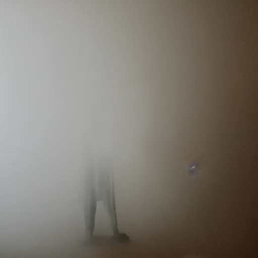 Prompt: a smoky ghost in a white misty room, eerie