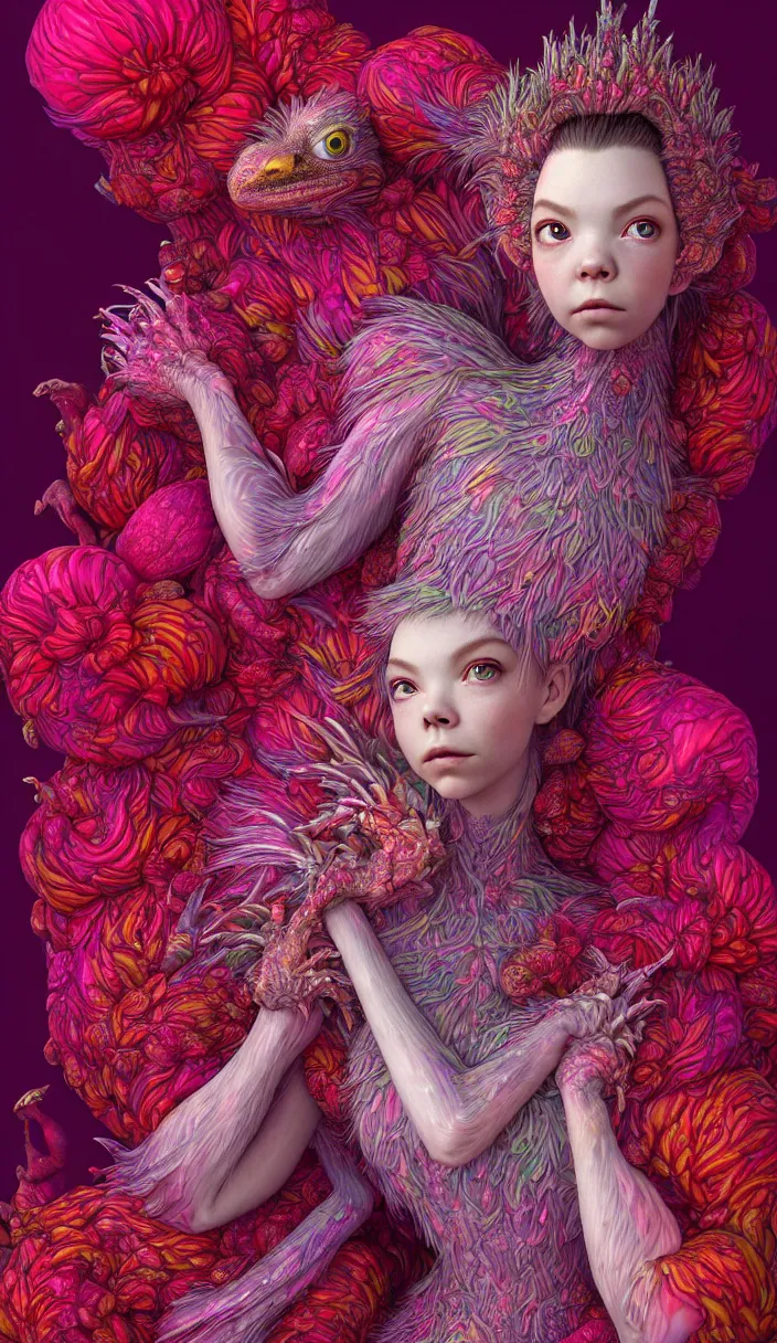 Image similar to hyper detailed 3d render like a Oil painting - kawaii portrait Aurora (a beautiful skeksis queen from dark crystal that looks like Anya Taylor-Joy) seen red carpet photoshoot in UVIVF posing in scaly dress to Eat of the Strangling network of yellowcake aerochrome and milky Fruit and His delicate Hands hold of gossamer polyp blossoms bring iridescent fungal flowers whose spores black the foolish stars by Jacek Yerka, Ilya Kuvshinov, Mariusz Lewandowski, Houdini algorithmic generative render, Abstract brush strokes, Masterpiece, Edward Hopper and James Gilleard, Zdzislaw Beksinski, Mark Ryden, Wolfgang Lettl, hints of Yayoi Kasuma, octane render, 8k