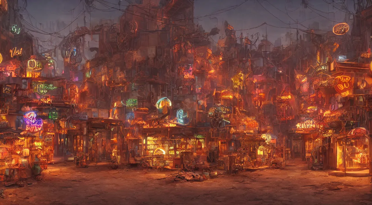 Image similar to a steampunk village in the desert, junk everywhere,neon lights, neon signs, magical atmosphere, mist, steam, photo realistic, 35mm, Matte painting, octane render, 8k, corona render, movie concept art by guido borelli da caluso