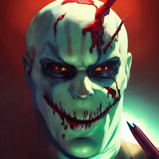 Image similar to 4k headshot portrait of Spawn from Macfarlane comics by Craig Mullins, ilya kuvshinov, krenz cushart, epic , artgerm trending on artstation by Edward Hopper and Dan Mumford and WLOP and Rutkovsky, beksinski carl spitzweg moebius and tuomas kocar, intricate artwork by caravaggio, Unreal Engine 5, Lumen, Nanite , 4K headshot of godlike clown with defined arms and open hands and bloody clothes with giant mandala wings , intricate face , flawless anime cel animation by Kentaro Miura, psychedelic , highly detailed upper body , professionally post-processed , beautiful, scary, symmetry accurate features, epic, octane rendered, anime masterpiece, accurate