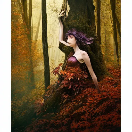 Image similar to portrait of a dryad in a forest of autumn maples by brian froud and jessica rossier dark mysterious, filtered evening light