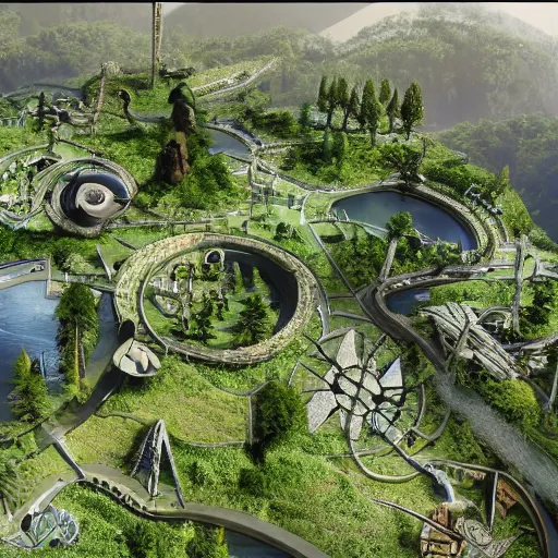 Image similar to highly detailed civilization in symbiosis with nature and technology in harmony
